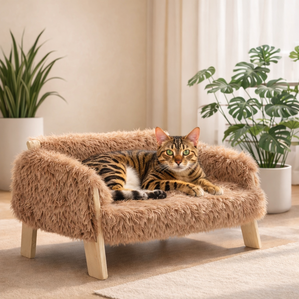 🛋️ Canapé Surélevé en Bois – Confort ; Élégance pour Petit Félin